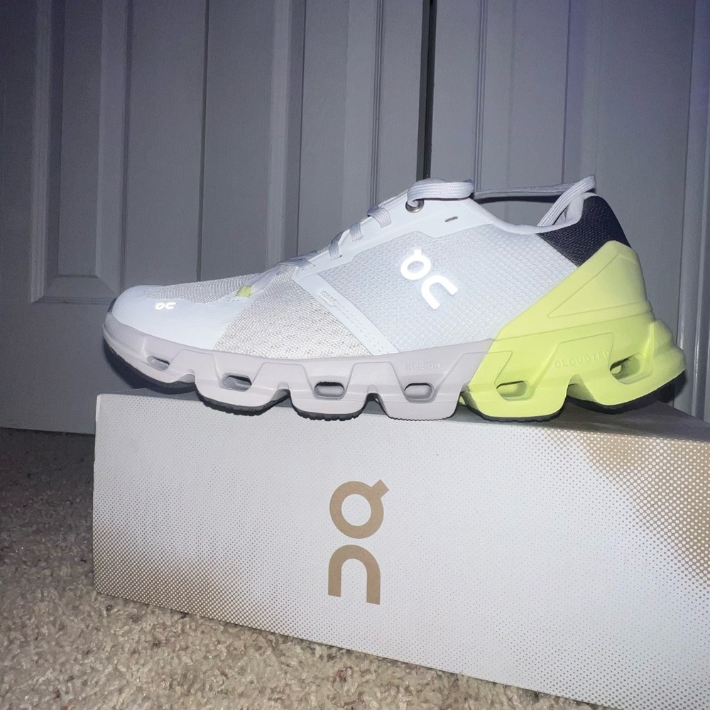 On Running White and Lime Sneakers